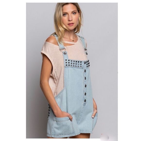 Pol Denim Overall Shorts With Side Pockets And Stud Details - Picture 4 of 16